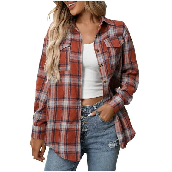 Sevevn Womens Plaid Flannel Shacket Button Down Long Sleeve Casual Jackets Coats Fall Plus Size Baggy Shirts Khaki L