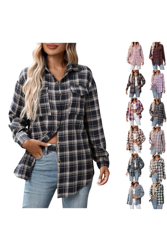 Womens Plaid Flannel Shacket Button Down Long Sleeve Casual Jackets Coats Fall Plus Size Baggy Shirts Navy XL