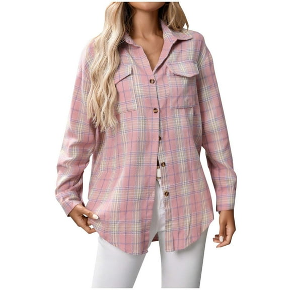 Sevevn Womens Plaid Flannel Shacket Button Down Long Sleeve Casual Jackets Coats Fall Plus Size Baggy Shirts Pink L