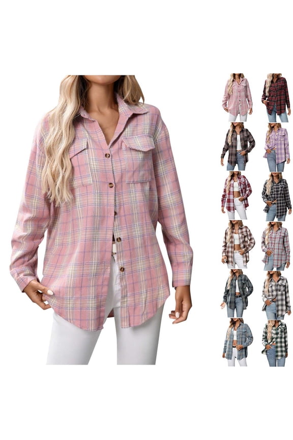 Womens Plaid Flannel Shacket Button Down Long Sleeve Casual Jackets Coats Fall Plus Size Baggy Shirts Pink S