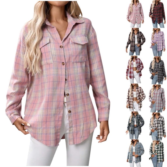 Sevevn Womens Plaid Flannel Shacket Button Down Long Sleeve Casual Jackets Coats Fall Plus Size Baggy Shirts Pink XXL