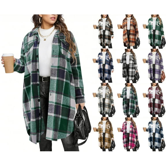 Sevevn Womens Plaid Shacket Jacket Long Flannel Shirt Casual Lapel Button Down Trench Coats Long Sleeve Plaid Coat Pockets Army Green XL