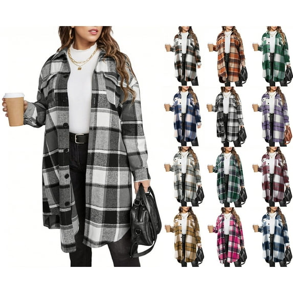 Sevevn Womens Plaid Shacket Jacket Long Flannel Shirt Casual Lapel Button Down Trench Coats Long Sleeve Plaid Coat Pockets Black L