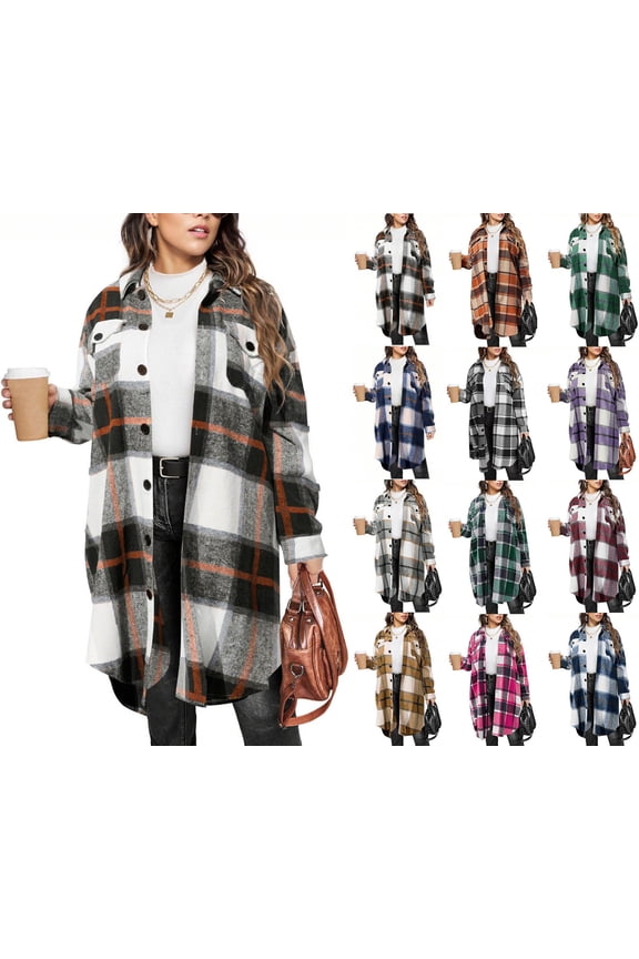 Womens Plaid Shacket Jacket Long Flannel Shirt Casual Lapel Button Down Trench Coats Long Sleeve Plaid Coat Pockets Brown XXL