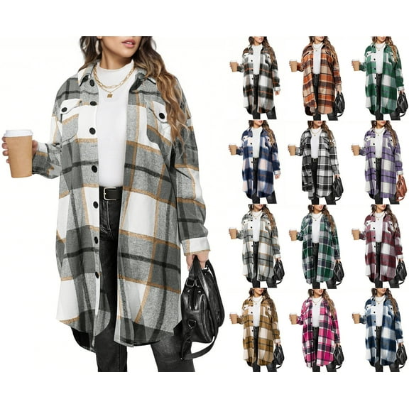 Sevevn Womens Plaid Shacket Jacket Long Flannel Shirt Casual Lapel Button Down Trench Coats Long Sleeve Plaid Coat Pockets Gray XL