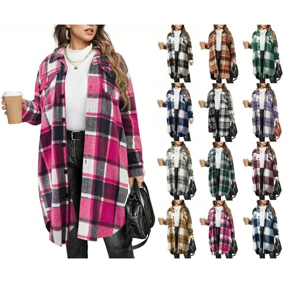 Sevevn Womens Plaid Shacket Jacket Long Flannel Shirt Casual Lapel Button Down Trench Coats Long Sleeve Plaid Coat Pockets Hot Pink XL