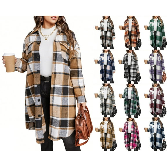 Sevevn Womens Plaid Shacket Jacket Long Flannel Shirt Casual Lapel Button Down Trench Coats Long Sleeve Plaid Coat Pockets Khaki XL