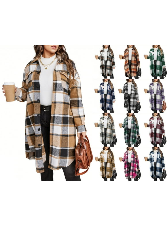 Womens Plaid Shacket Jacket Long Flannel Shirt Casual Lapel Button Down Trench Coats Long Sleeve Plaid Coat Pockets Khaki XL
