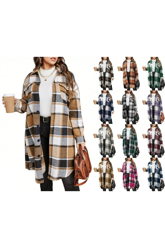 Womens Plaid Shacket Jacket Long Flannel Shirt Casual Lapel Button Down Trench Coats Long Sleeve Plaid Coat Pockets Khaki XL