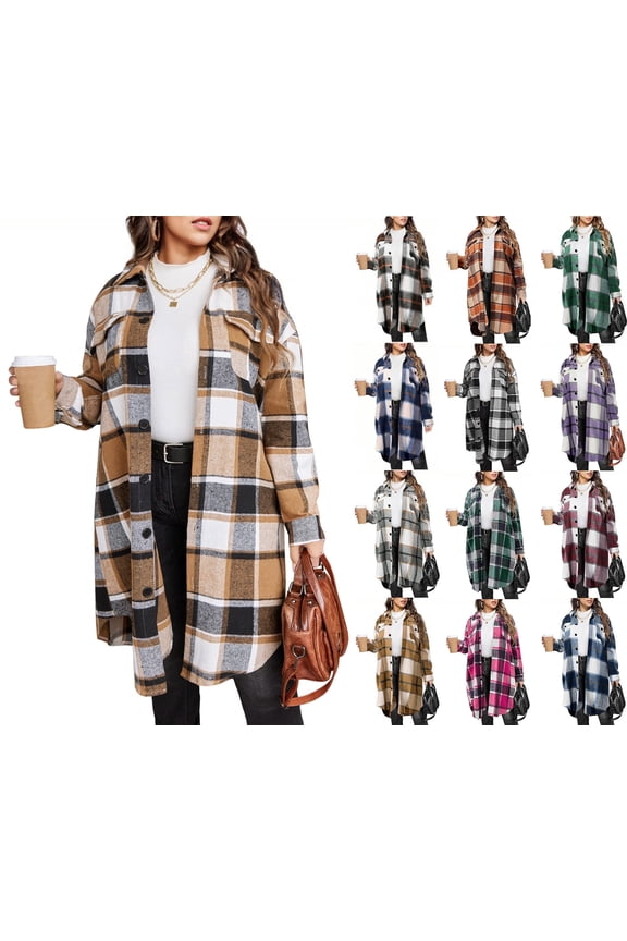 Womens Plaid Shacket Jacket Long Flannel Shirt Casual Lapel Button Down Trench Coats Long Sleeve Plaid Coat Pockets Khaki XL