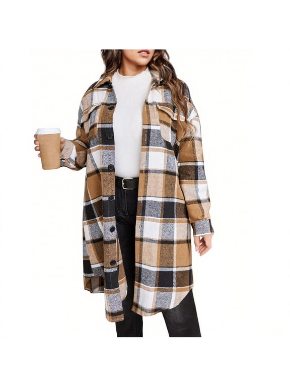 Womens Plaid Shacket Jacket Long Flannel Shirt Casual Lapel Button Down Trench Coats Long Sleeve Plaid Coat Pockets Khaki XL