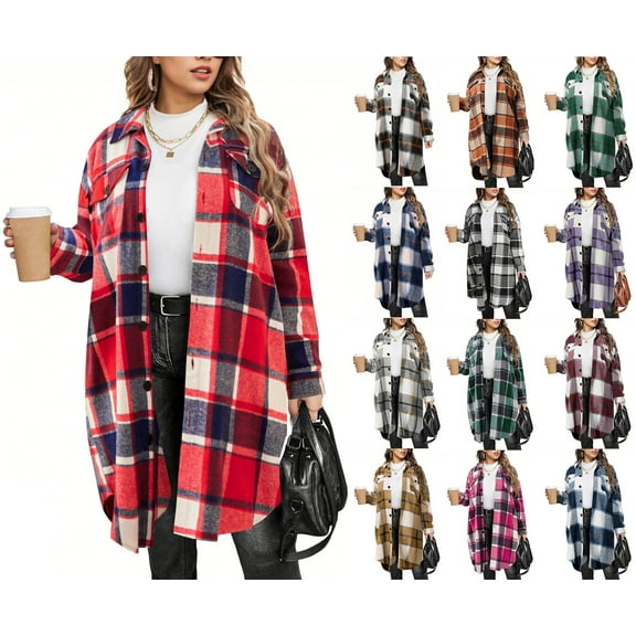 Sevevn Womens Plaid Shacket Jacket Long Flannel Shirt Casual Lapel Button Down Trench Coats Long Sleeve Plaid Coat Pockets Multicolor XL