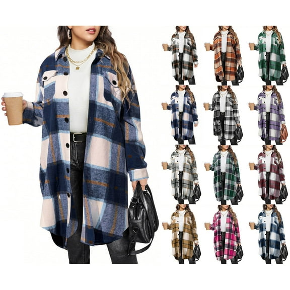 Sevevn Womens Plaid Shacket Jacket Long Flannel Shirt Casual Lapel Button Down Trench Coats Long Sleeve Plaid Coat Pockets Navy XL