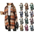 thumbnail image 1 of Sevevn Womens Plaid Shacket Jacket Long Flannel Shirt Casual Lapel Button Down Trench Coats Long Sleeve Plaid Coat Pockets Orange L, 1 of 3