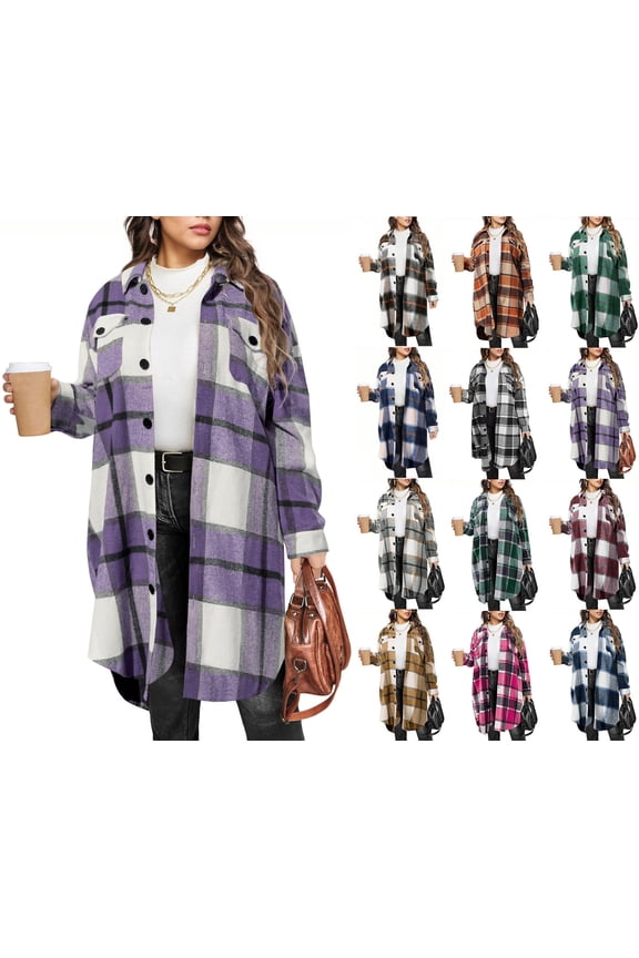 Womens Plaid Shacket Jacket Long Flannel Shirt Casual Lapel Button Down Trench Coats Long Sleeve Plaid Coat Pockets Purple XXL
