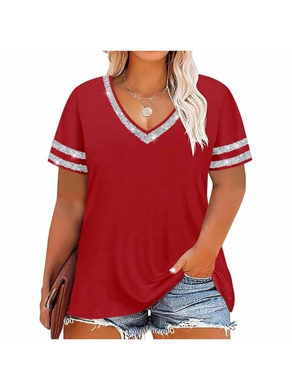 Womens Plus Size T Shirts Loose Fit Short Sleeve Tees V Neck Color Block Summer Tops 2026 Fashion Red M