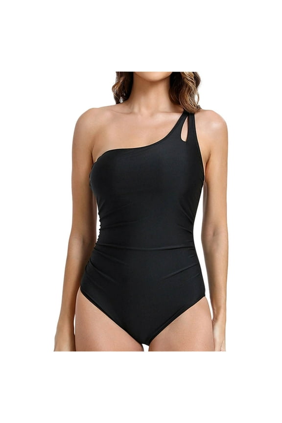 Womens Sexy Solid Color One Shoulder Bikinis Breast Pad Wireless One Piece Swimsuit for Pool Party Black M Holiday Gift Finder