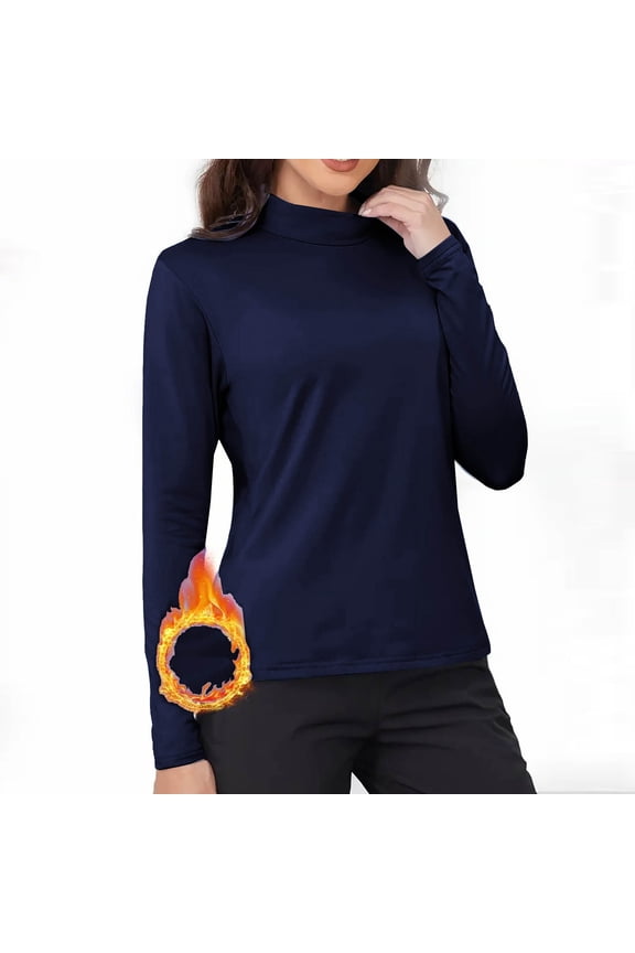 Womens Solid Color Casual Elastic Inner Lap Undershirt Warm Top Long Sleeve Turtleneck Blouse Navy XL Rollbacks