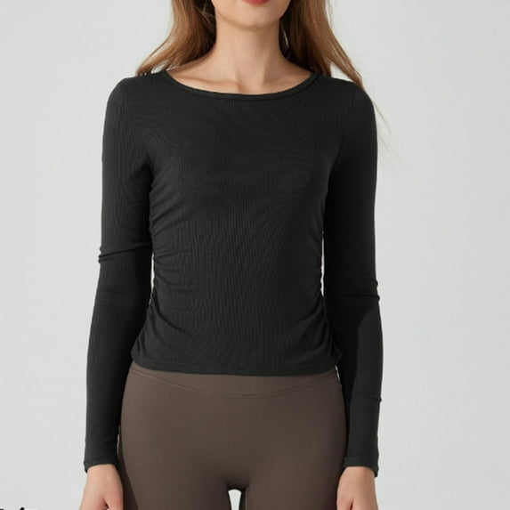 Sevevn Womens Solid Color Ribbed Slim Yoga Round Neck Sports Long Sleeved Round Neck Top/shirt Black S Family Gifts