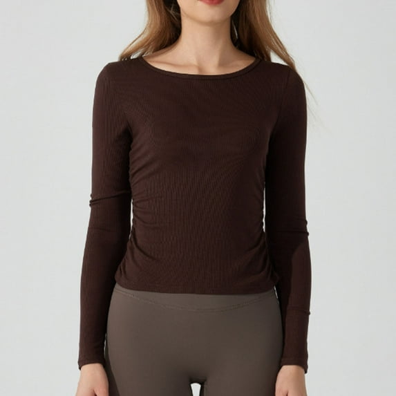 Sevevn Womens Solid Color Ribbed Slim Yoga Round Neck Sports Long Sleeved Round Neck Top/shirt Coffee XL Holiday Gift Finder
