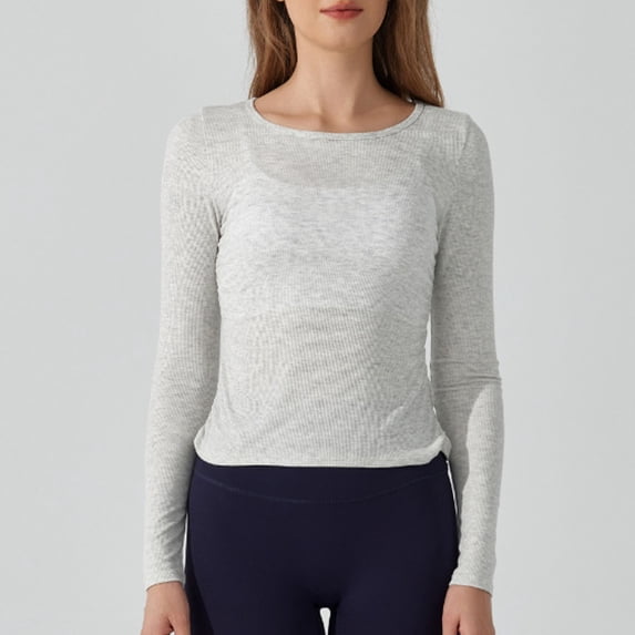 Sevevn Womens Solid Color Ribbed Slim Yoga Round Neck Sports Long Sleeved Round Neck Top/shirt Gray L Holiday Gift Finder