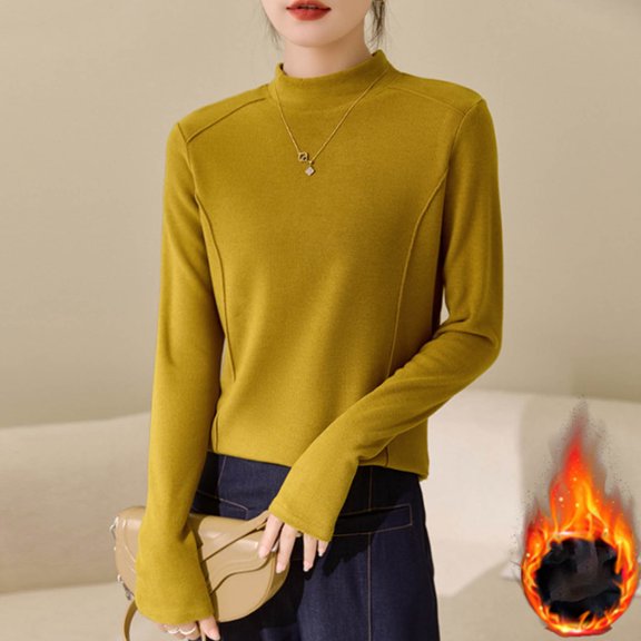Sevevn Womens Solid Color Velvet Long Sleeved Top Long Sleeved High Neck Shirt Yellow L Rollbacks