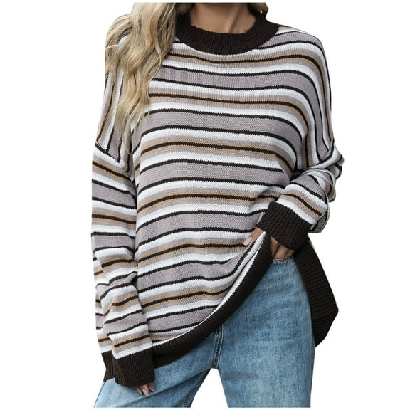 Sevevn Womens Striped Sweaters Crew Neck Color Block Long Sleeve Loose Ribbed Knit Trendy Rainbow Pullover Tops