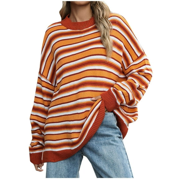 Sevevn Womens Striped Sweaters Crew Neck Color Block Long Sleeve Loose Ribbed Knit Trendy Rainbow Pullover Tops