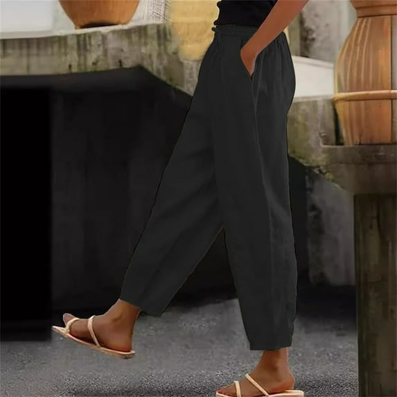 Sevevn Womens Summer Fashion Solid Casual Elastic Waist Long Wide Leg Pants Hiking Pants Women
