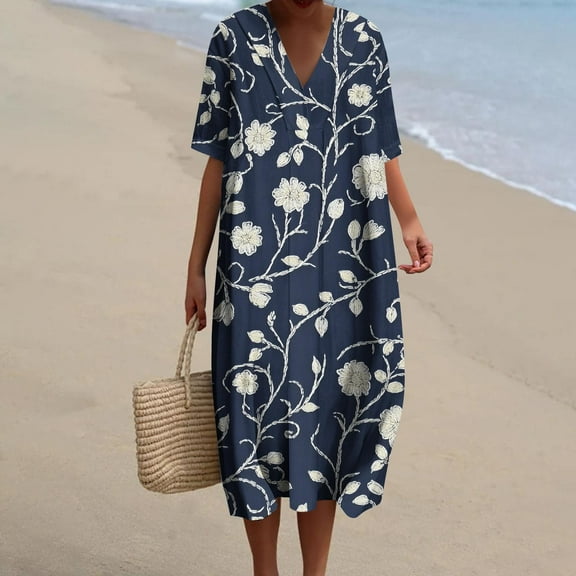 Sevevn Womens Summer Pockets Printing Dresses Loose V-Neck Short Sleeve Dresses Navy S Spring Tops for Women