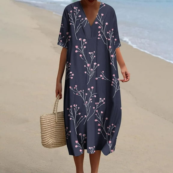 Sevevn Womens Summer Pockets Printing Dresses Loose V-Neck Short Sleeve Dresses Navy XXXXL Family Gifts