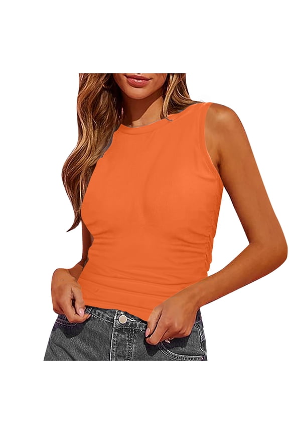 Womens Tank Summer Sleeveless High Neck Slim Fitted Blouse Side Ruched Basic Tank Top