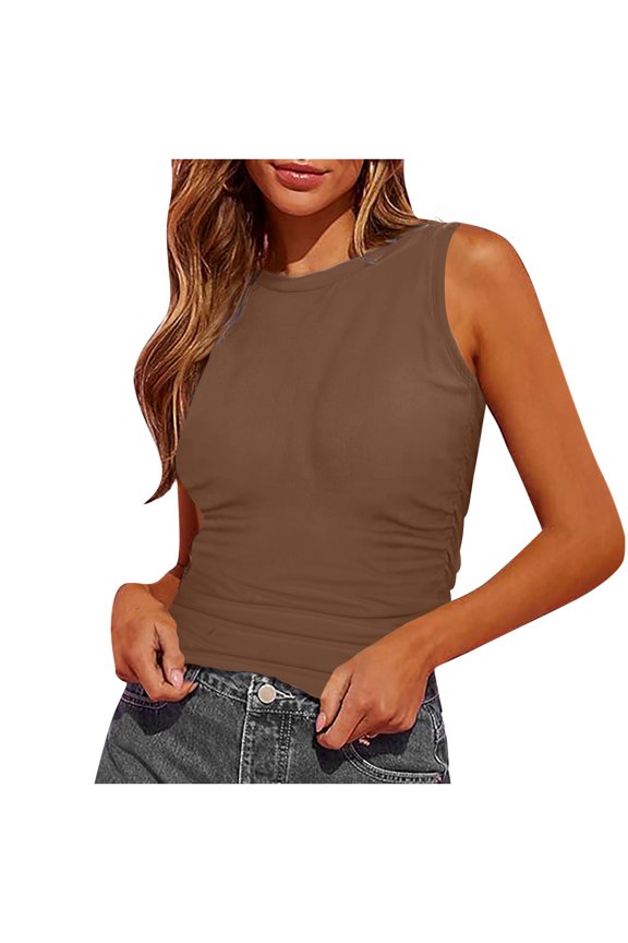 Womens Tank Summer Sleeveless High Neck Slim Fitted Blouse Side Ruched Basic Tank Top