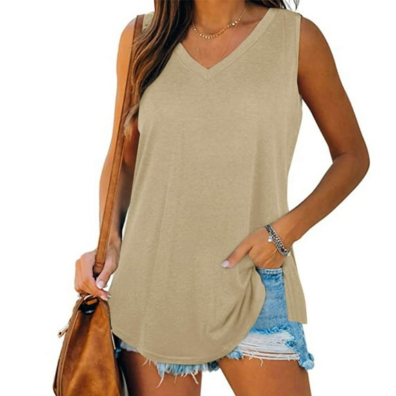 Sevevn Womens Tank V-Neck Basic Casual Flowy Summer Sleeveless T-Shirt Khaki XXL Savings Up to 30% Off