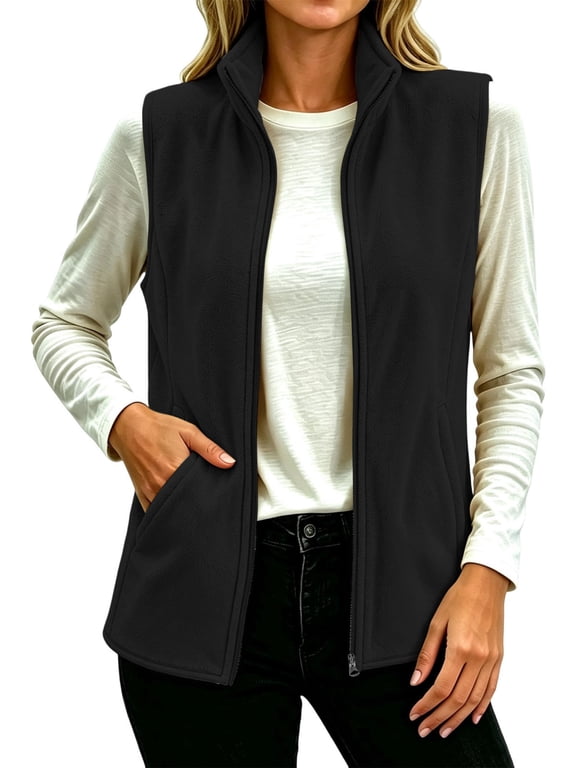 Womens Winter Fleece Vest Jacket Full‑Zip Sleeveless Layering Gilet with Pockets Black L