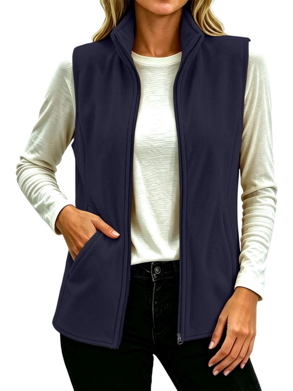 Womens Winter Fleece Vest Jacket Full‑Zip Sleeveless Layering Gilet with Pockets Navy L