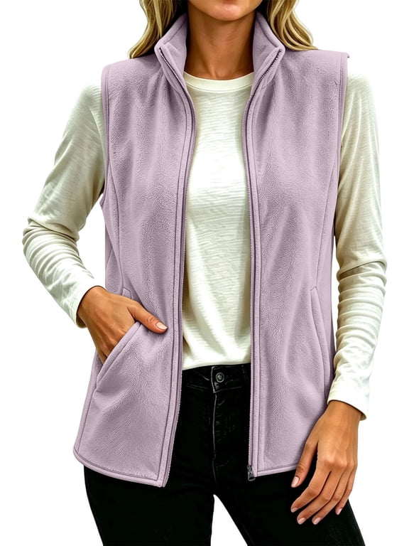 Womens Winter Fleece Vest Jacket Full‑Zip Sleeveless Layering Gilet with Pockets Purple 2XL
