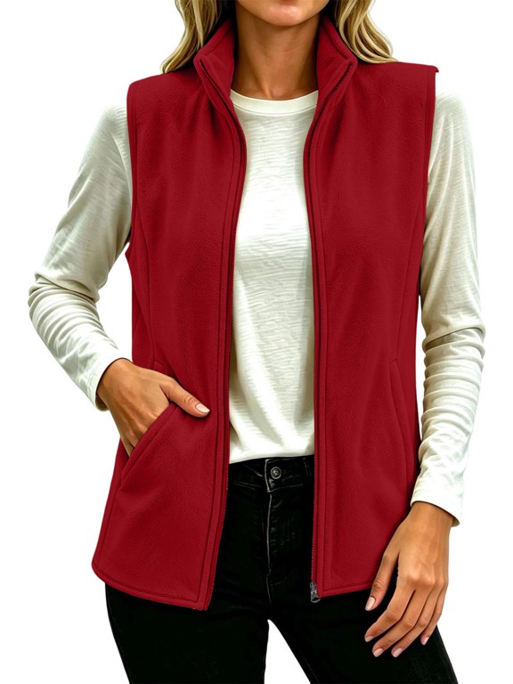 Womens Winter Fleece Vest Jacket Full‑Zip Sleeveless Layering Gilet with Pockets Wine L