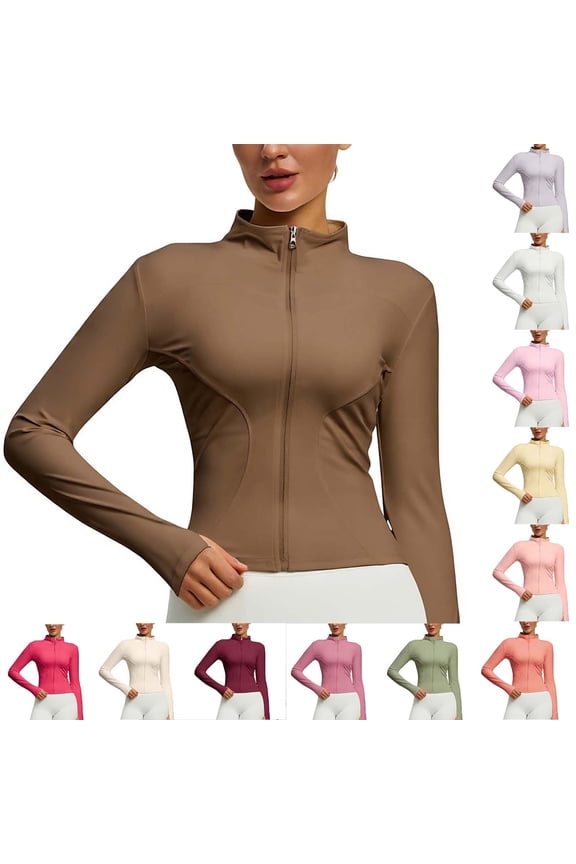 Womens Zip Up Athletic Jacket Long Sleeve Slim Fit Yoga Running Fitness Track Top Lightweight Workout Sportswear Coffee S
