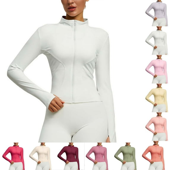 Sevevn Womens Zip Up Athletic Jacket Long Sleeve Slim Fit Yoga Running Fitness Track Top Lightweight Workout Sportswear White L