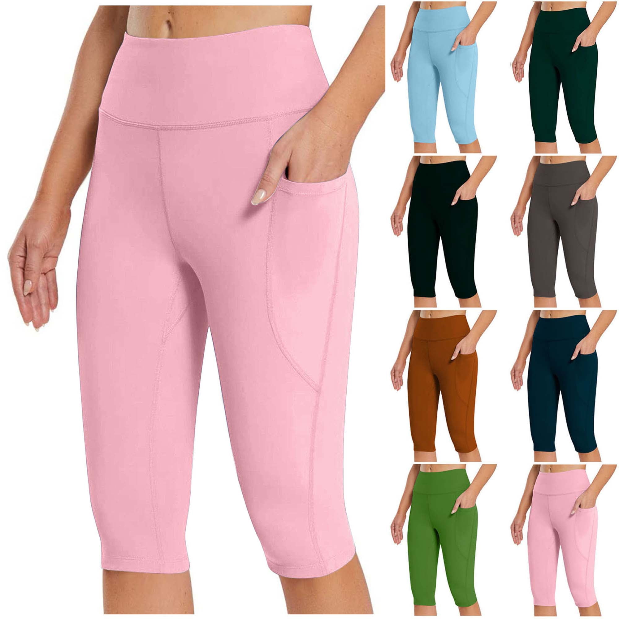 Yoga Pants for Women Women's Knee Length Leggings High Waisted Yoga Workout Exercise Capris For Casual Summer With Pockets Flash