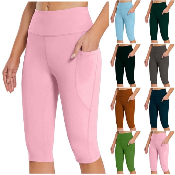 Sevevn Yoga Pants for Women Women's Knee Length Leggings High Waisted Yoga Workout Exercise Capris For Casual Summer With Pockets Flash