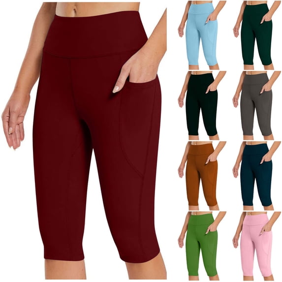 Sevevn Yoga Pants for Women Women's Knee Length Leggings High Waisted Yoga Workout Exercise Capris For Casual Summer With Pockets Flash