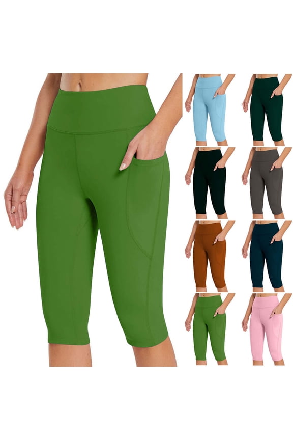 Yoga Pants for Women Women's Knee Length Leggings High Waisted Yoga Workout Exercise Capris For Casual Summer With Pockets Flash