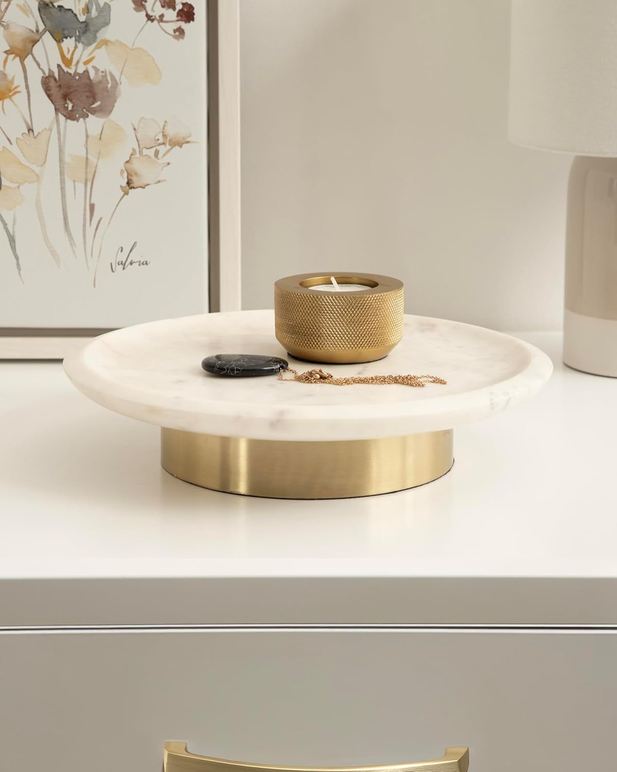 Sevienne Modern Glam Round Marble Tray, 10 Inch Diameter, White and ...