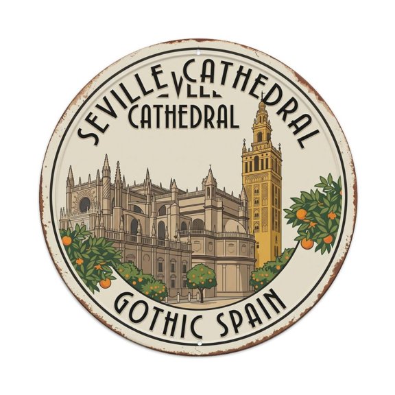 Seville Cathedral Gothic Spain Tower Vintage Metal Tin Sign Plaque Wall Decor for Cafe, Club, Garden Round Metal Poster 8x8Inch