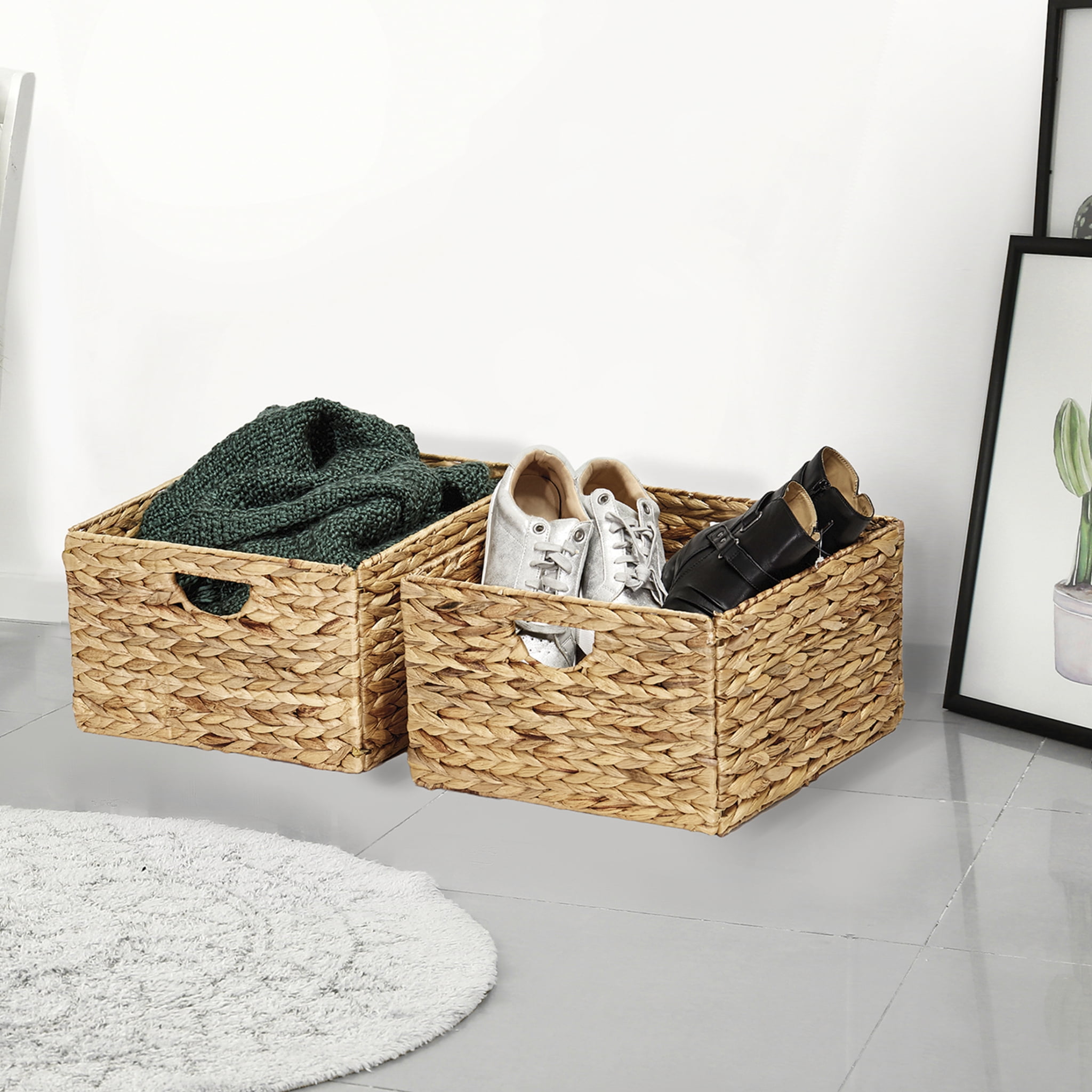 Seville Classics 13.25 in. D x 13.25 in. W x 8 in. H Tan Plastic Handwoven  Wicker Foldable Cube Storage 2-Pack Closet System Basket WEB653 - The Home  Depot