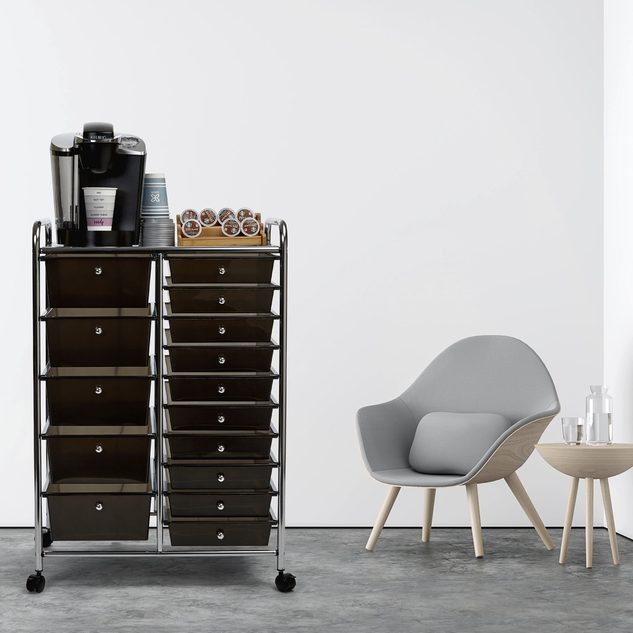 Seville Classics 15 Drawer Organizer Cart with Wheels, Black