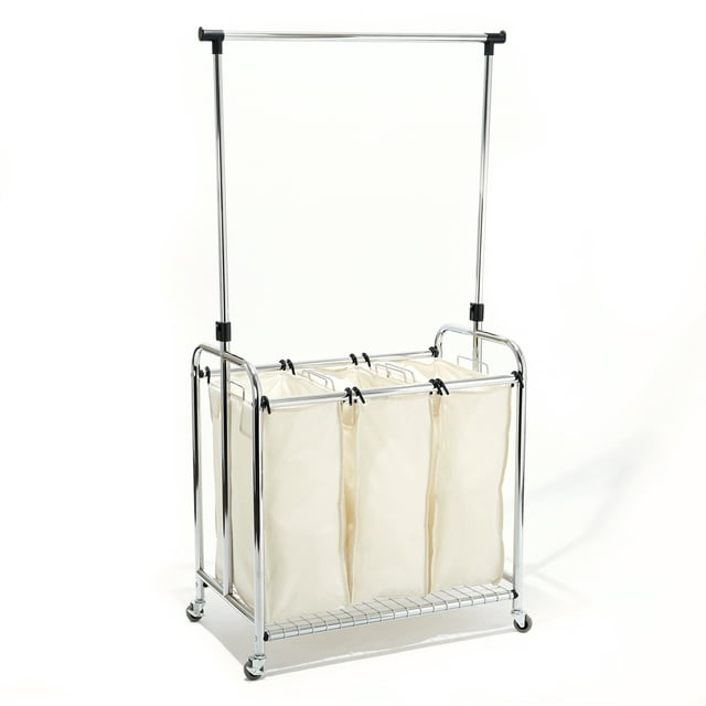Seville Classics 3-Bag Heavy-Duty Laundry Sorter with Clothes Rack, Black, Off-white and Silver