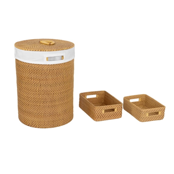Seville Classics 3-Piece Handwoven Rattan Lidded Laundry Hamper Basket Set